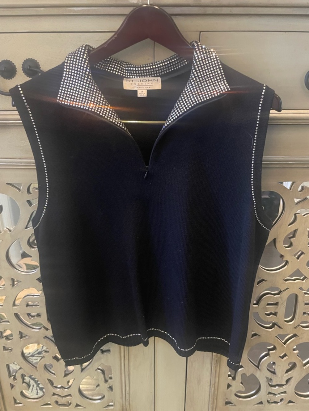 St. John Evening Black Sleeveless Knit Top with sequinTrim